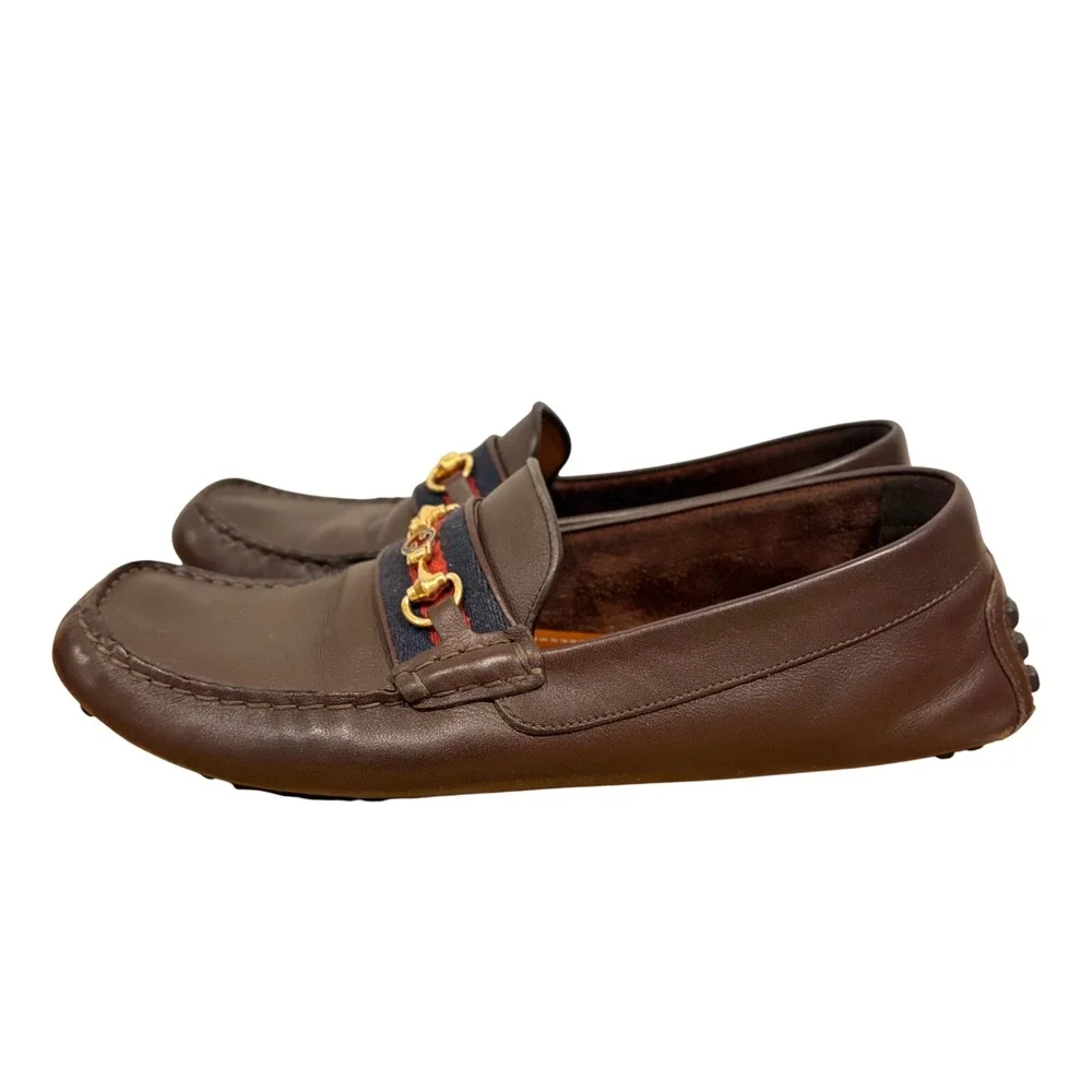 Gucci Ayrton Authentic Brown Leather Web Stripe Horsebit Driving Loafers Size 9
